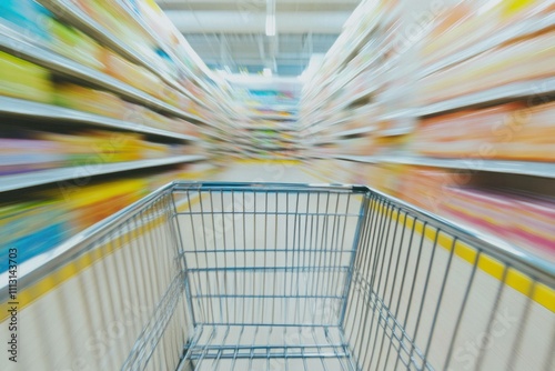 Blurred perspective of an empty shopping cart moving down a grocery store aisle, surrounded by colorful product shelves. Shopping and consumerism concept.