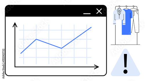Graph depicting upward trend inside window, rack of clothes including shirts and jackets, caution sign with exclamation mark. Ideal for business growth, retail management, sales analysis, fashion
