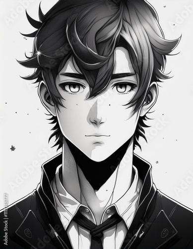 A youthful anime character with a striking monochrome aesthetic, featuring a strong and defined facial structure, sleek black hair, and an expression that exudes quiet confidence.