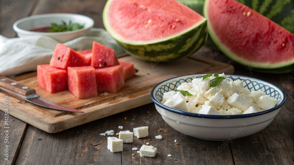 Watermelon and feta cheese on a rustic wooden table, rustic dining, charcuterie board, cheese platter, gourmet snack, watermelon Watermelon and feta cheese on a rustic wooden table, rustic dining, charcuterie board, cheese platter, gourmet snack, watermelon