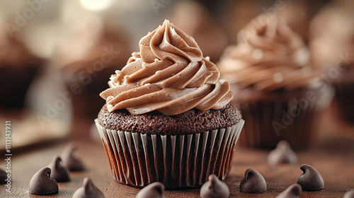 Delicious chocolate cupcakes with creamy swirls, a bokeh background photo