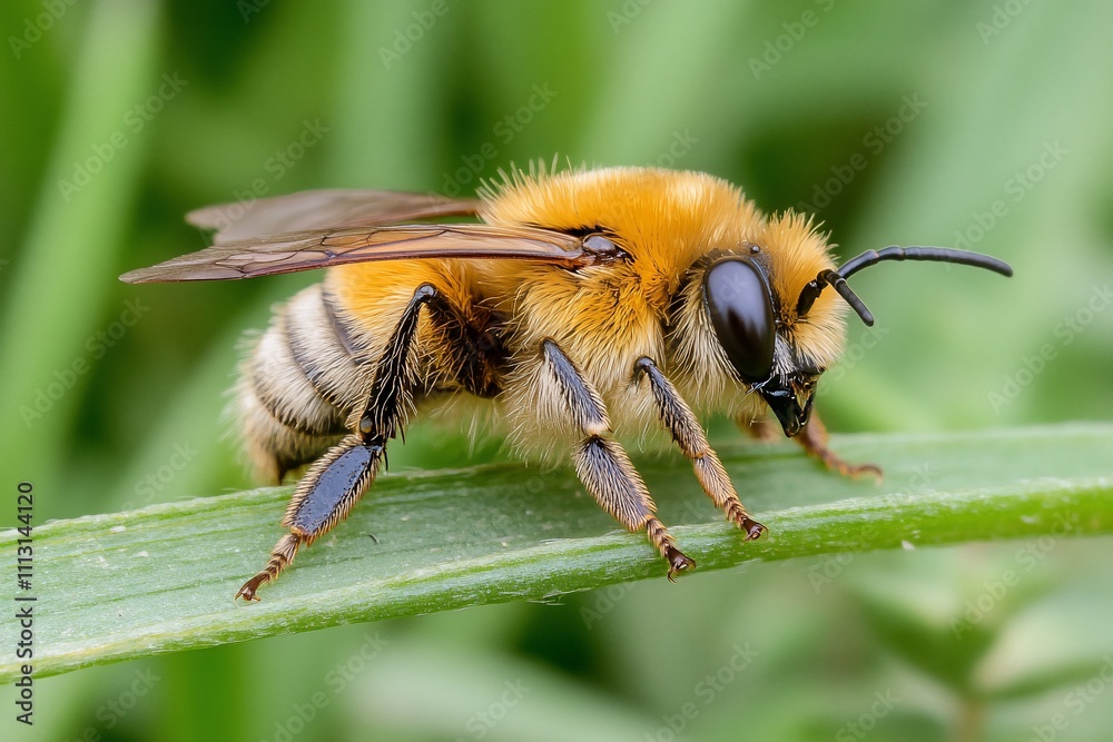 Close-up of a bee resting on a green leaf. Close-up of a bee resting on a green leaf.