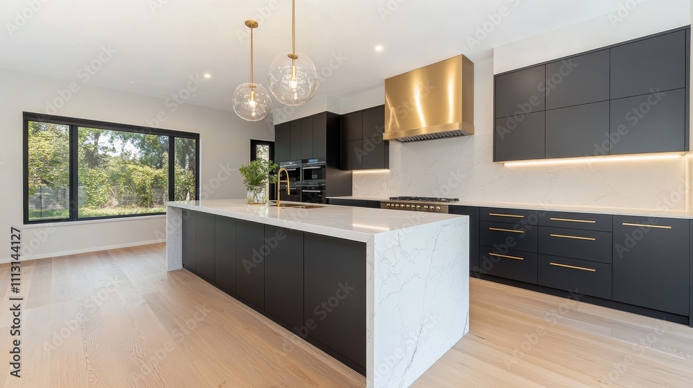 Modern Kitchen with Black Cabinets and Marble Island
