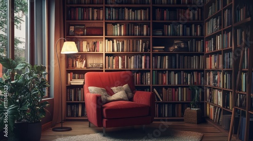 Cozy home library with red armchair, warm lighting, and bookshelves filled with literature.