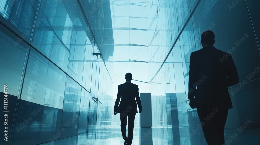 Obraz premium Two business people walking in a modern glass hallway.