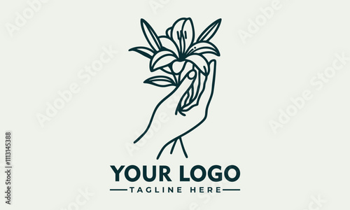 Hand holding lily flower vector logo, symbolizing grace and beauty. Invokes feelings of peace, tranquility, and nature. Ideal for floral designs and wellness concepts