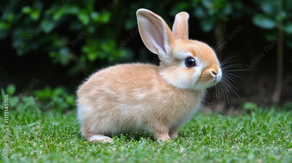 Fototapeta premium Adorable baby bunny sitting on green grass.