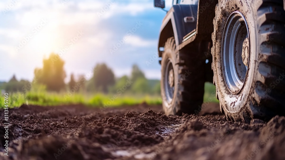 Close-up of a vehicle tire on muddy terrain at sunset. Close-up of a vehicle tire on muddy terrain at sunset.