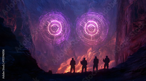 Astronauts scanning glowing alien glyphs arranged in symmetrical formations on canyon walls.