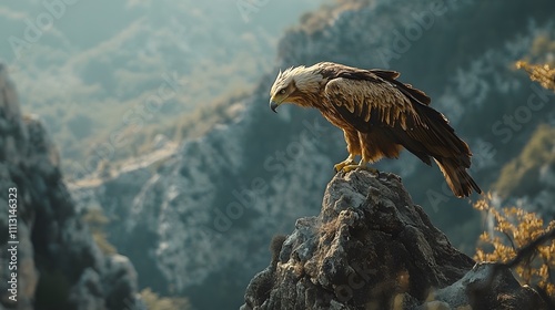 A candid shot of a griffin perched on a craggy cliff, its sharp talons gripping the edge as it scans the valley below. photo