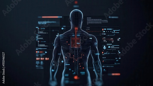 Health warning reporting concept. Animated heat map of body showing localized health risks with warning reports, temperature analysis photo