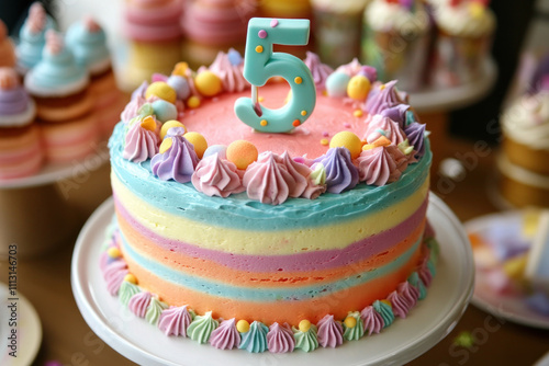 Birthday cake with a number candle on top amidst festive decorations.