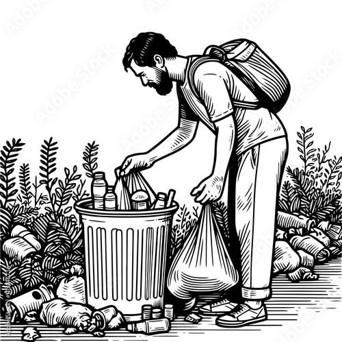 Homeless man searching for empty bottles in trash can. Living in streets concept, generative ai.