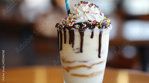 Delicious, layered milkshake with whipped cream, chocolate syrup, and sprinkles, served in a glass. photo