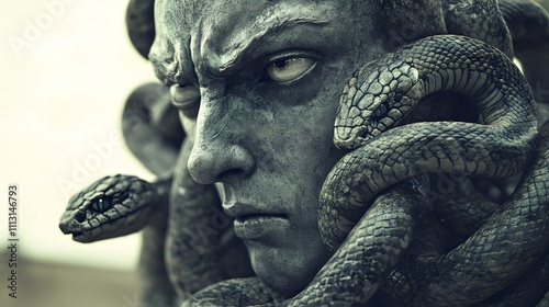 A realistic image of a gorgon turning to gaze at a statue frozen in fear, her snakes writhing calmly. photo