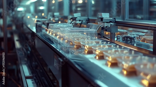 Wallpaper Mural Automated industrial production line with transparent containers moving on conveyor belt. Torontodigital.ca