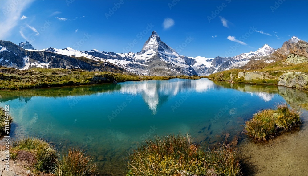 Naklejka premium Panorama of the Alps: Clear mountain lake with Matterhorn in the background, surrounded by lush greenery and snow-capped peaks under a blue sky