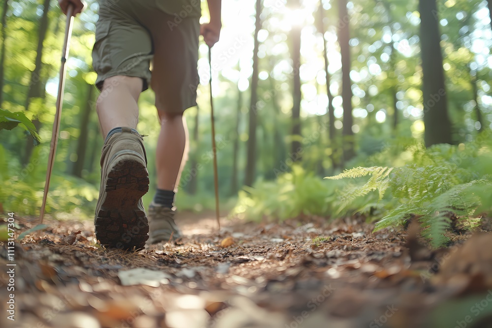 Man hiking on forest trail, close-up of boots and trekking poles. Man hiking on forest trail, close-up of boots and trekking poles.