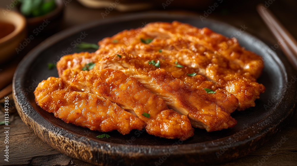 Sizzling Spicy Glazed Chicken: A Juicy Delight on a Rustic Plate Sizzling Spicy Glazed Chicken: A Juicy Delight on a Rustic Plate