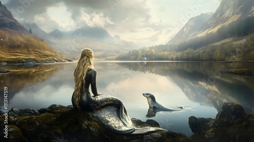A neutral composition of a selkie gazing out over a calm, reflective lake, her seal skin draped gently across her lap.