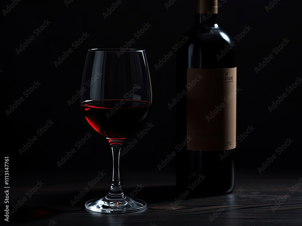 A beautiful wine glass filled with red wine sitting on a dark wooden background with a bottle standing next to it, fine dining, refined A beautiful wine glass filled with red wine sitting on a dark wooden background with a bottle standing next to it, fine dining, refined