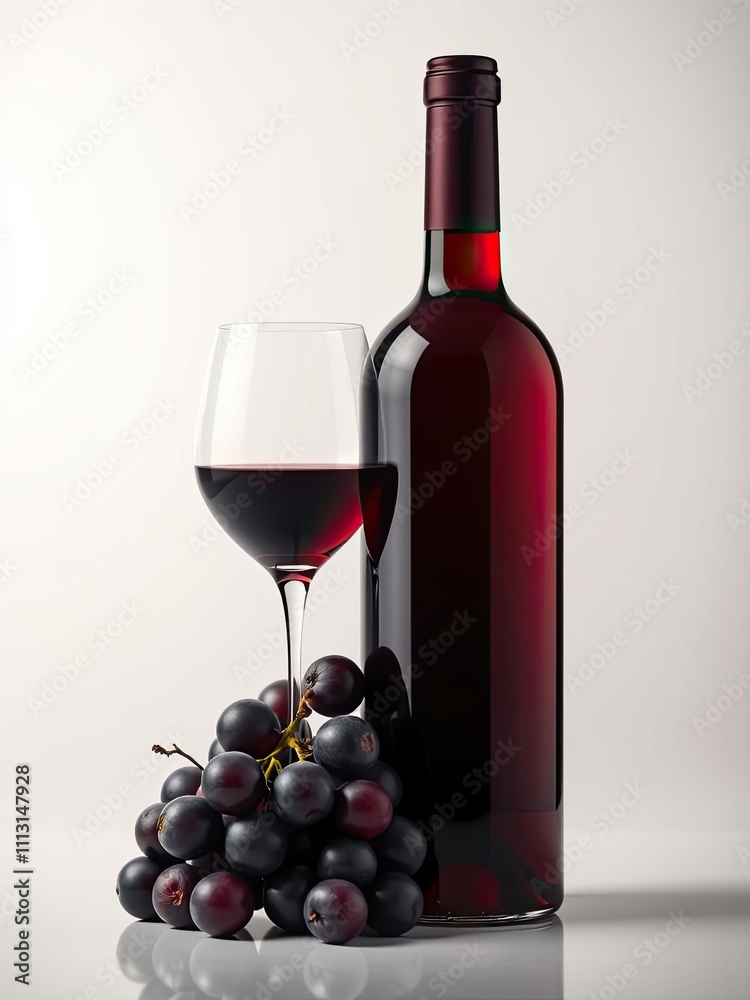 Obraz premium A bottle of red wine with a few grapes on the side and a wine glass leaning against it, fine dining setup, red wine, evening table setting