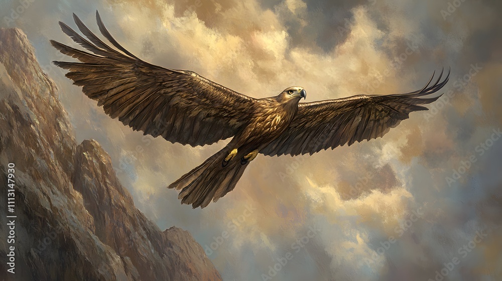 Fototapeta premium A close-up of a harpy soaring over jagged cliffs, her wings outstretched against the dramatic sky.