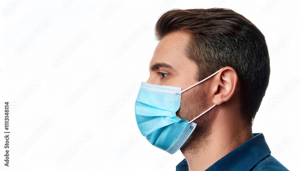 Profile of man in mask isolated on white background, concept of viral infection. Profile of man in mask isolated on white background, concept of viral infection.