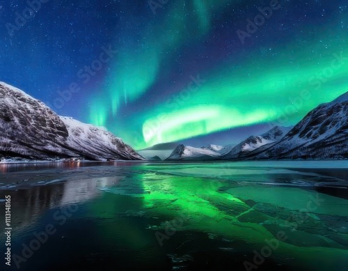 Wallpaper Mural Beneath a sky filled with stars, the brilliant aurora borealis dances over a peaceful frozen lake, framed by majestic, snow-covered mountains. Torontodigital.ca