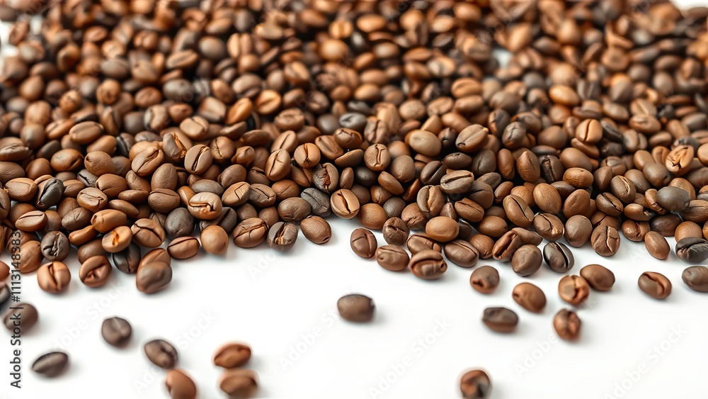 A cluster of coffee beans arranged in a random pattern on a white background, arrangement, product, coffee packaging A cluster of coffee beans arranged in a random pattern on a white background, arrangement, product, coffee packaging