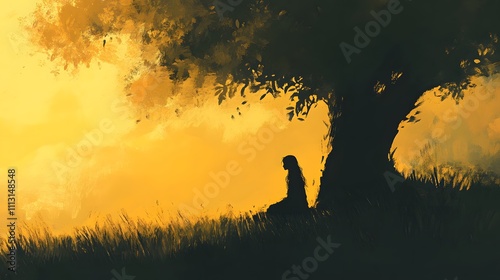 A minimalist composition of a dryad kneeling at the base of a tree, her face turned upward toward soft, diffused light.