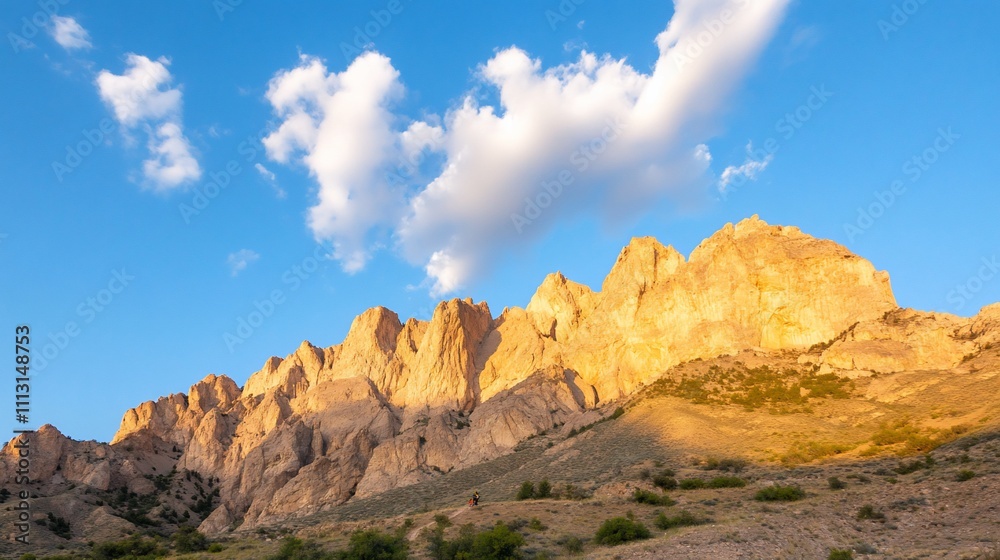Golden mountains under a blue sky with wispy clouds. Golden mountains under a blue sky with wispy clouds.