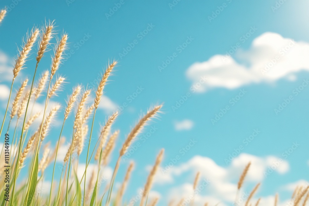 Golden wheat swaying under a bright blue sky with fluffy clouds. Golden wheat swaying under a bright blue sky with fluffy clouds.