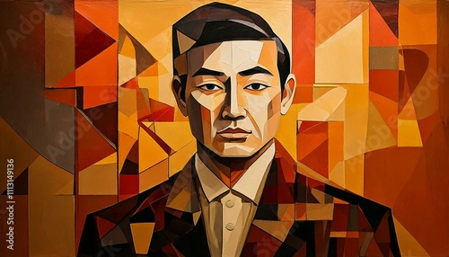 Portrait of a man in cubist technique, background is brown and caramel colored