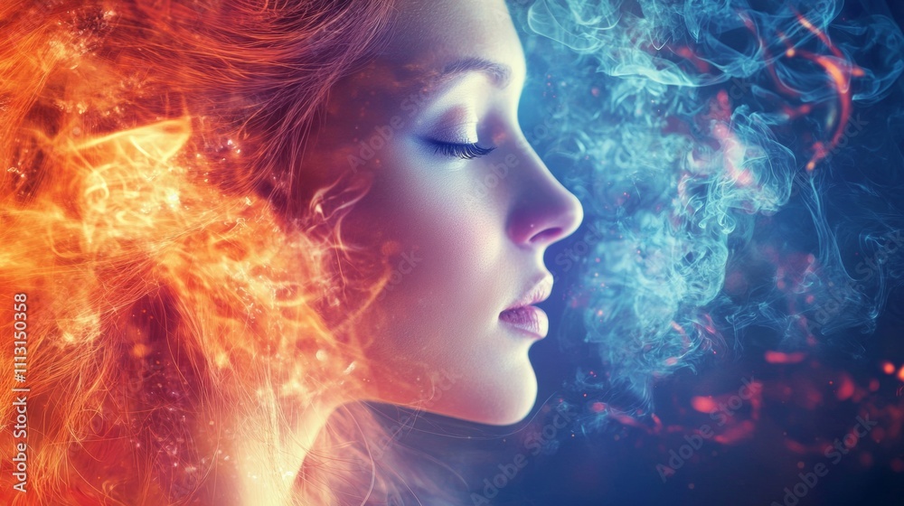 Artistic portrait of a woman with fire and ice elements Artistic portrait of a woman with fire and ice elements