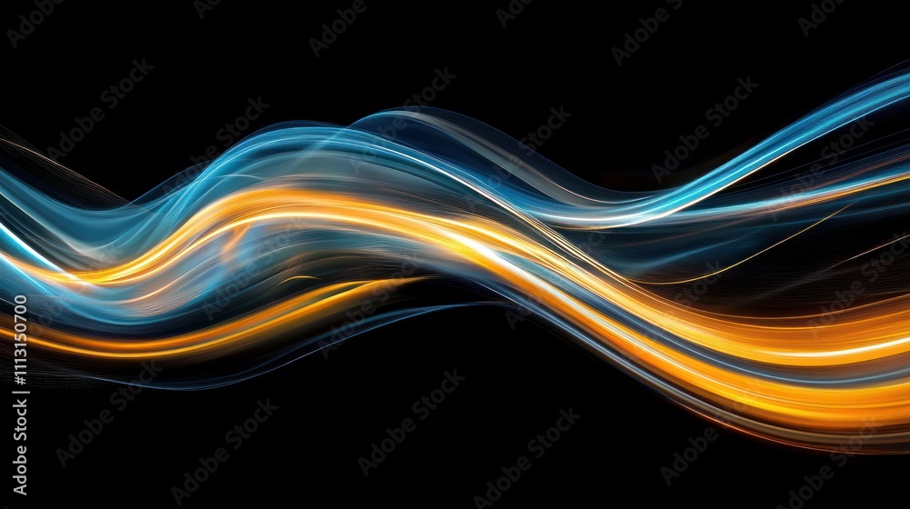 Obraz premium Abstract waves of light in blue and orange against a black background.