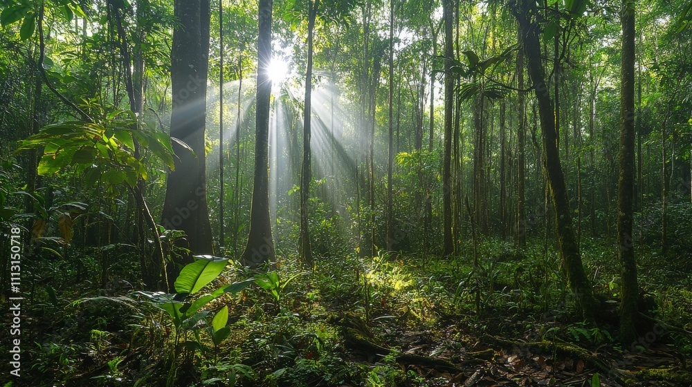 Obraz premium 6.Sunlight streaming through a dense canopy of trees in a lush forest, with beams of light piercing through the foliage. The forest floor is covered in soft grass, moss, and scattered twigs, with