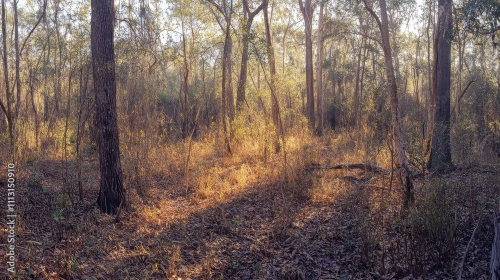 8.A sunlit forest with a mixture of tall trees and dense underbrush. The warm sunlight cascades through the branches, casting a golden hue over the terrestrial plants below. The forest floor is 8.A sunlit forest with a mixture of tall trees and dense underbrush. The warm sunlight cascades through the branches, casting a golden hue over the terrestrial plants below. The forest floor is