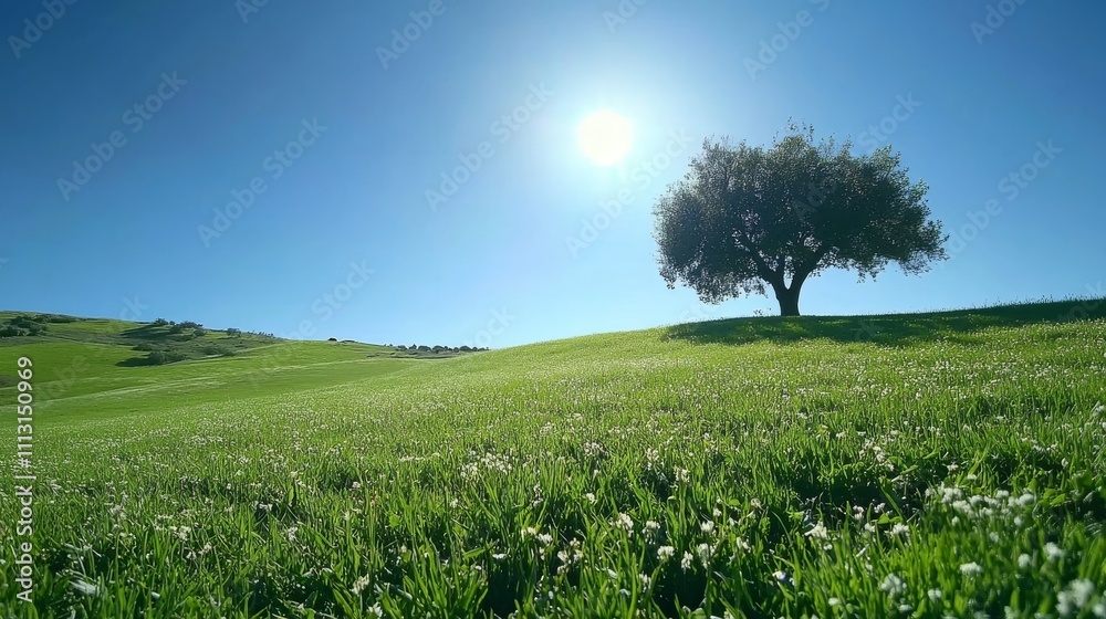 Fototapeta premium 5.A sweeping view of a green meadow, with sunlight spilling across the vibrant grass. A lone tree stands in the distance, silhouetted against the bright blue sky. The golden sunlight reflects off the