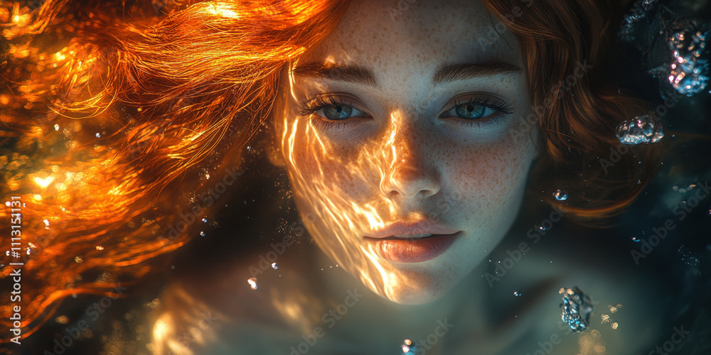 Obraz premium Mermaid underwater. Fairytale magical woman with a fish tail