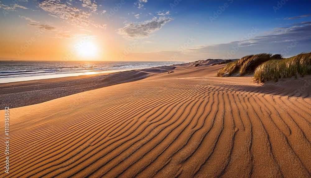 Fototapeta premium Golden sunset over a dune landscape: fine sand with wind patterns, surrounded by wild beach grass, while the setting sun bathes the sea and sky in warm colors