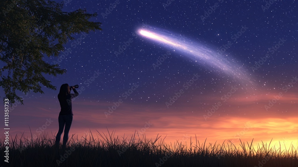 A person stargazing with binoculars, watching a comet pass by A person stargazing with binoculars, watching a comet pass by