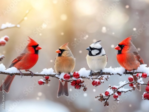 Four birds perched on a snow-covered branch with berries. photo