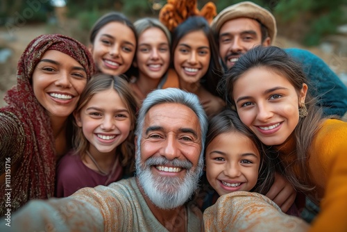 Large diverse family group takes selfie outdoors. Happy expressions and smiles from all generations. Joyful celebration of family connections. Outdoor setting. Natural light. Warmly joyful occasion.