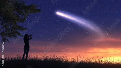 Obraz na płótnie A person stargazing with binoculars, watching a comet pass by w salonie