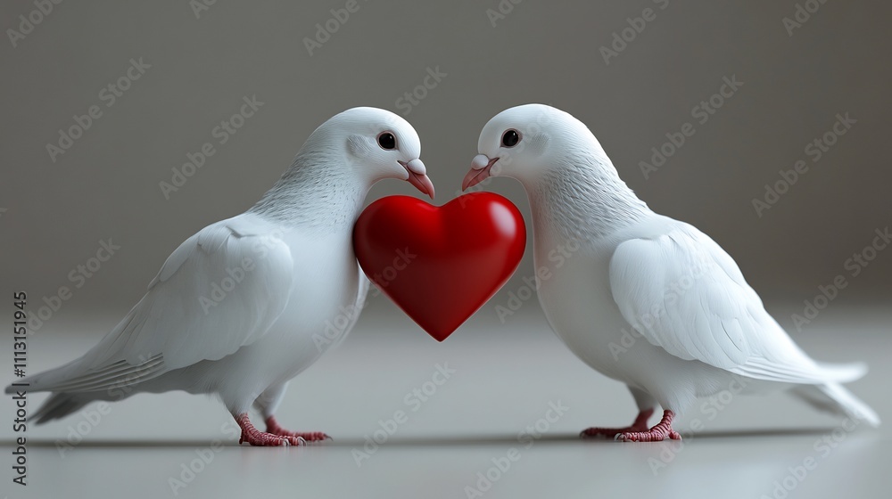 Two white doves holding a red heart. Two white doves holding a red heart.