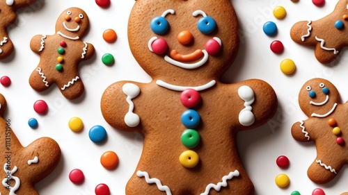 A beautifully detailed gingerbread man isolated on a white background, decorated with colorful icing and candy buttons. The texture of the gingerbread is warm and realistic, showcasing its crisp edges