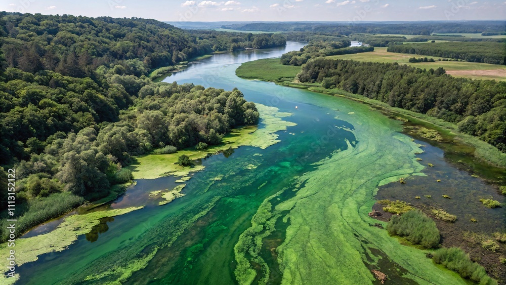 Aerial view of blooming algae on a green river