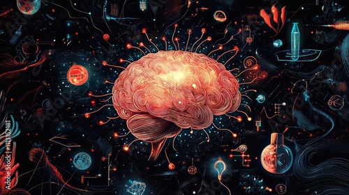 Abstract illustration of a human brain, surrounded by interconnected symbols and elements representing science, technology, and innovation.