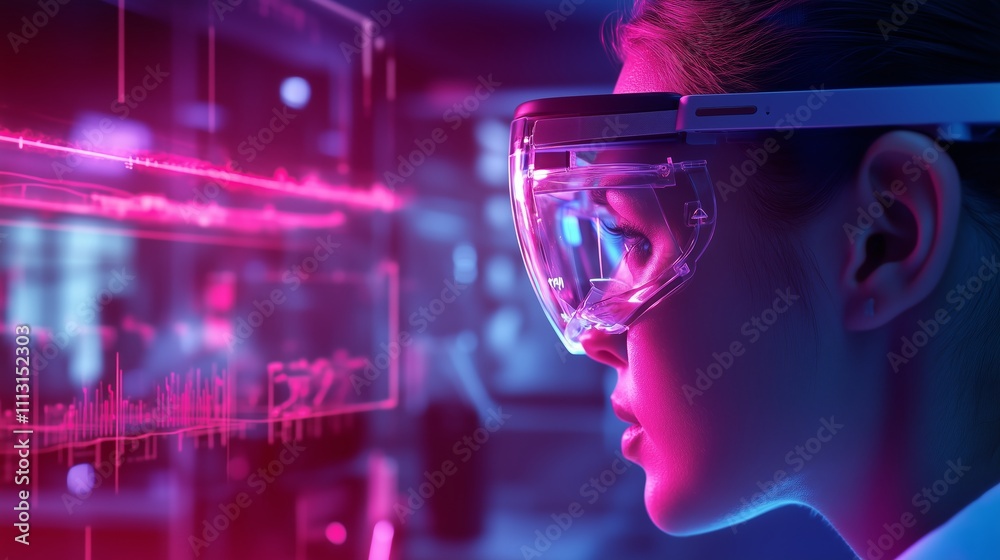 Futuristic laboratory researcher analyzing data through augmented reality glasses in a high-tech environment Futuristic laboratory researcher analyzing data through augmented reality glasses in a high-tech environment